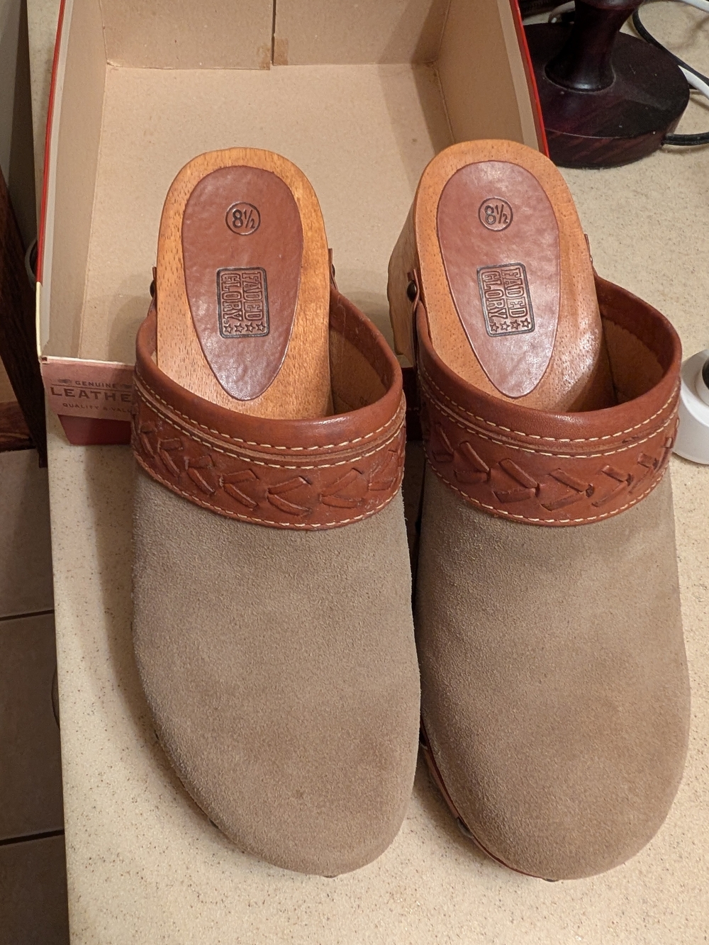 Faded Glory Taupe Suede Slip-On Mules with Brown Leather Trim-New Never Worn